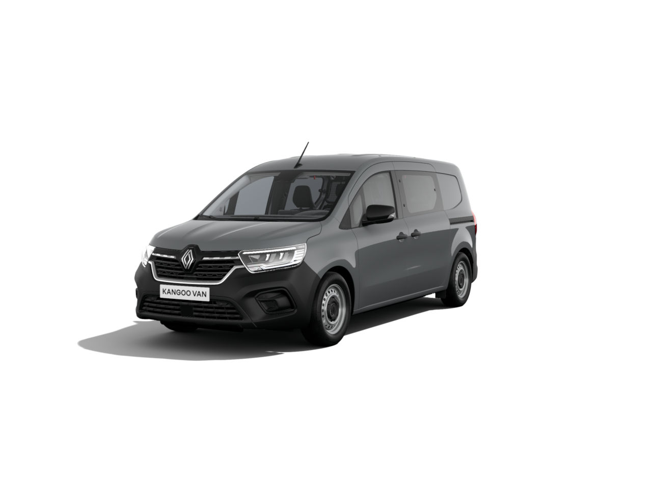 Renault Kangoo Van in Grau, seitliche Ansicht auf weißem Hintergrund. Praktischer Transporter für gewerbliche Nutzung.