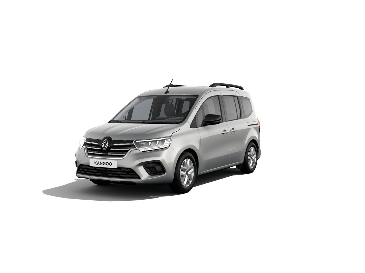 Silberner Renault Kangoo, ein kompakter Van mit modernem Design, steht auf weißem Hintergrund.
