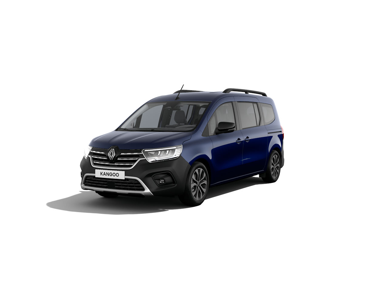 Renault Kangoo in dunkelblauer Farbe, frontalansicht auf weißem Hintergrund.