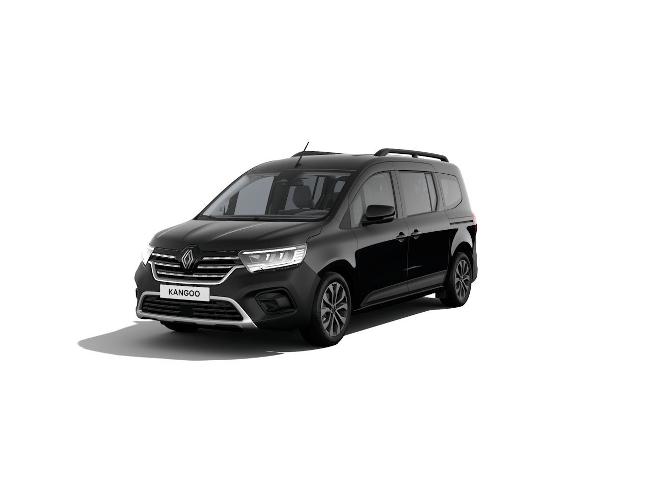 Schwarzer Renault Kangoo, kompakter Familienvan, frontal abgebildet, auf weißem Hintergrund.