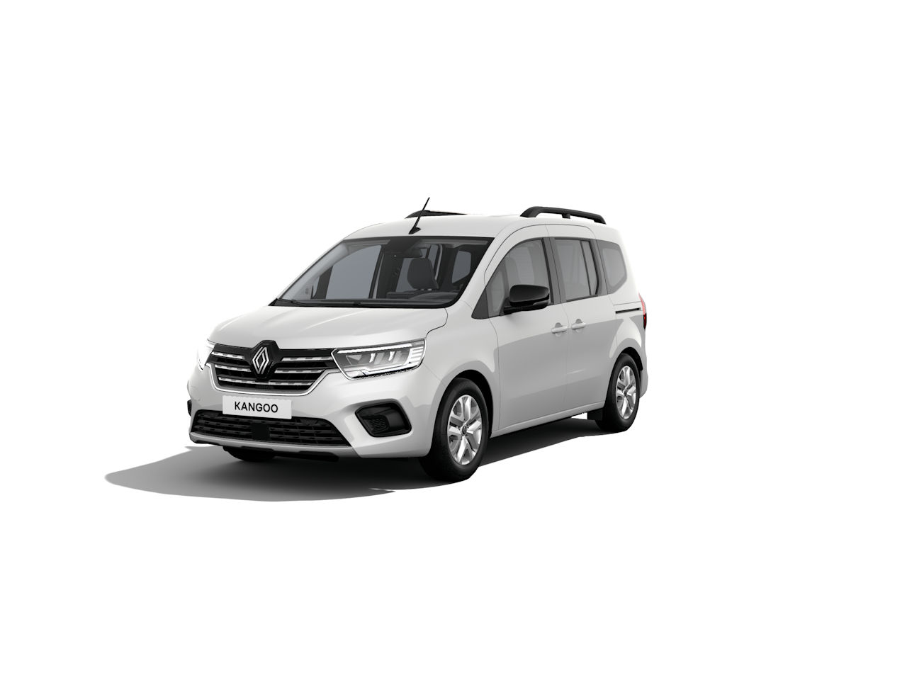 Weißer Renault Kangoo, frontseitige Ansicht, moderner Familienvan, minimalistisches Design.