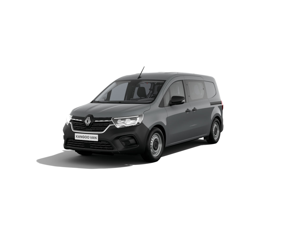Renault Kangoo Van in grau, seitlich von vorne gezeigt, klarer Hintergrund für bessere Sichtbarkeit.