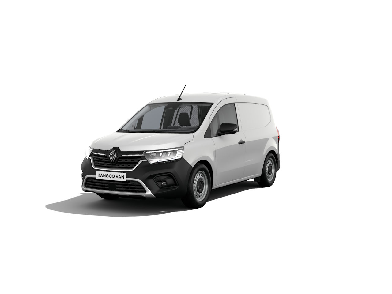 Weißer Renault Kangoo Van in der Vorderansicht, moderner Lieferwagen mit einer robusten Front.