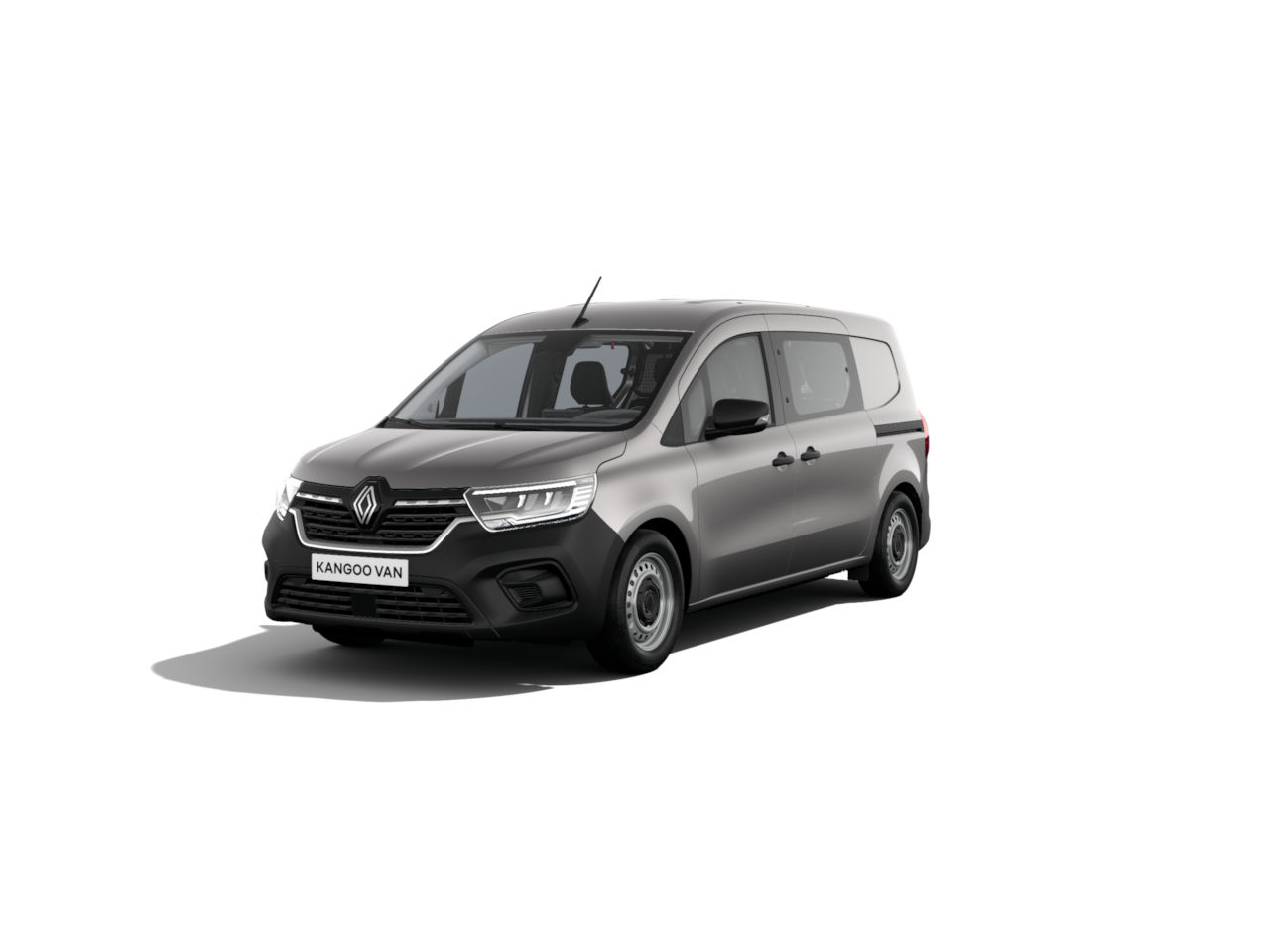 Grauer Renault Kangoo Van, frontal gesehen auf weißem Hintergrund, ideal für Transport und Geschäftsnutzung.
