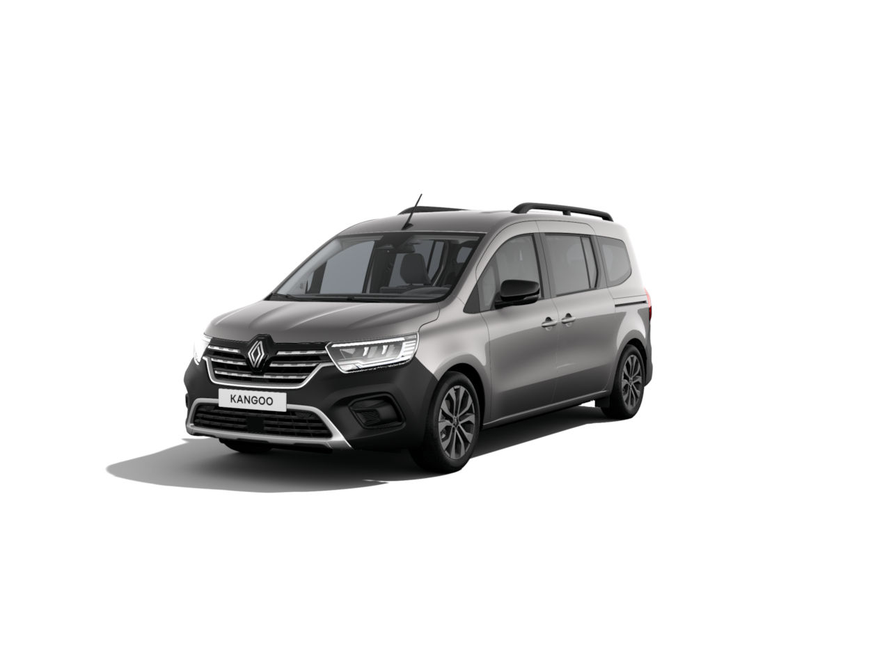 Renault Kangoo in Grau, moderner Kompaktvan mit elegantem Design, frontalansicht auf weißem Hintergrund.