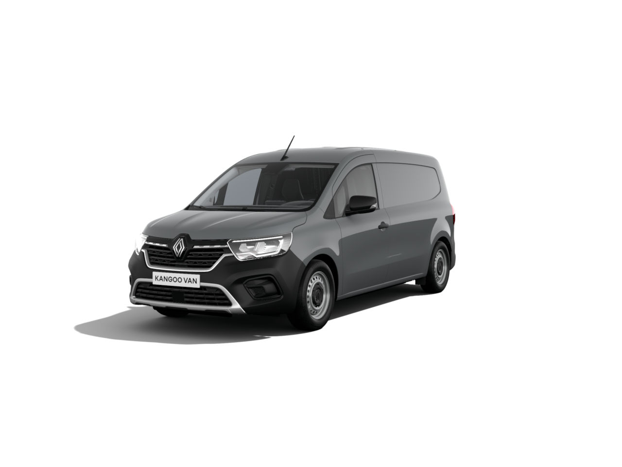 Ein grauer Renault Kangoo Van, frontal abgebildet, auf weißem Hintergrund. Vielseitiger Transporter für den gewerblichen Einsatz.