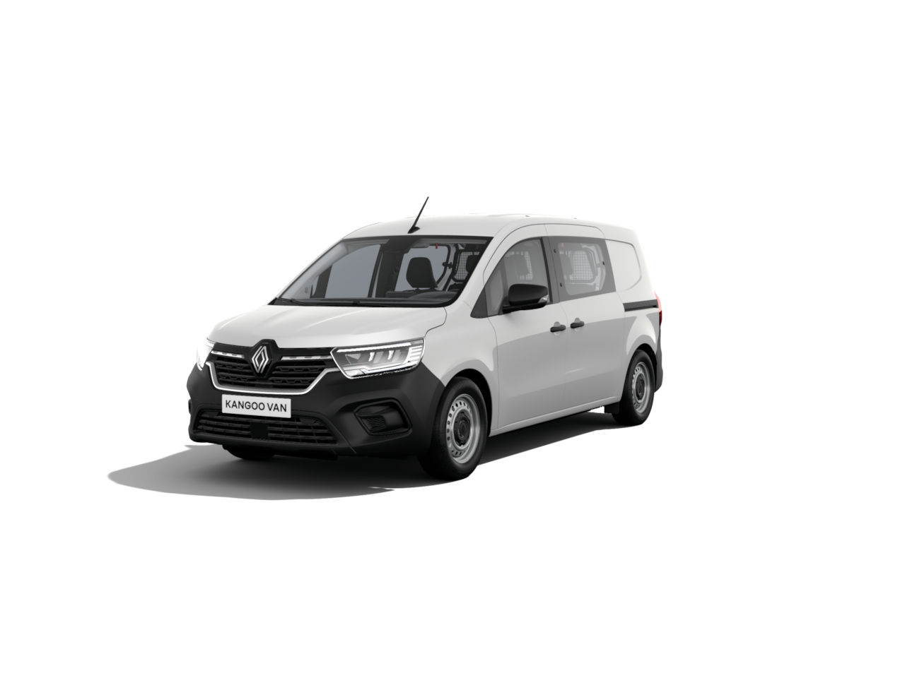 Weißer Renault Kangoo Van mit modernem Design und großen Fenstern, frontal aufgenommen.