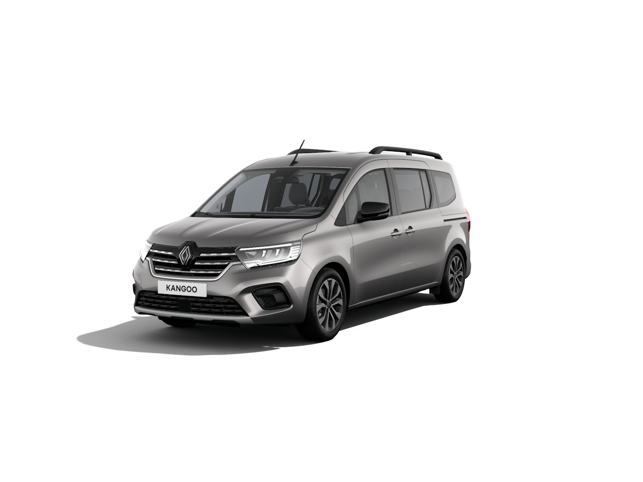 Der Renault Kangoo, ein geräumiger Familienvan in silberner Farbe, steht frontal auf weißem Hintergrund.