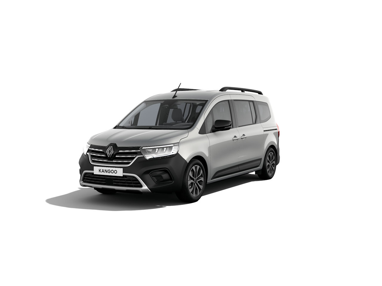 Ein silberner Renault Kangoo Van in frontalem Blickwinkel auf hellem Hintergrund.