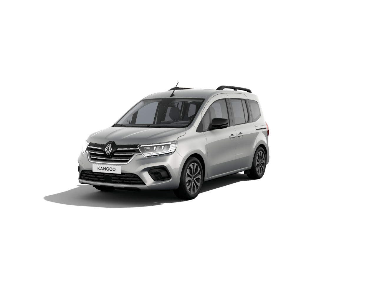 Silberner Renault Kangoo in einer Studioaufnahme, vorne links gesehen, auf weißem Hintergrund.