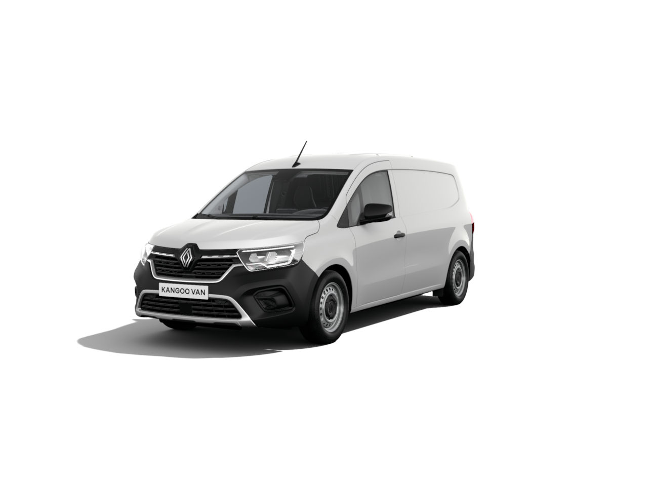 Renault Kangoo Van in weiß mit schwarzem Designelement, frontale Ansicht, auf weißem Hintergrund.