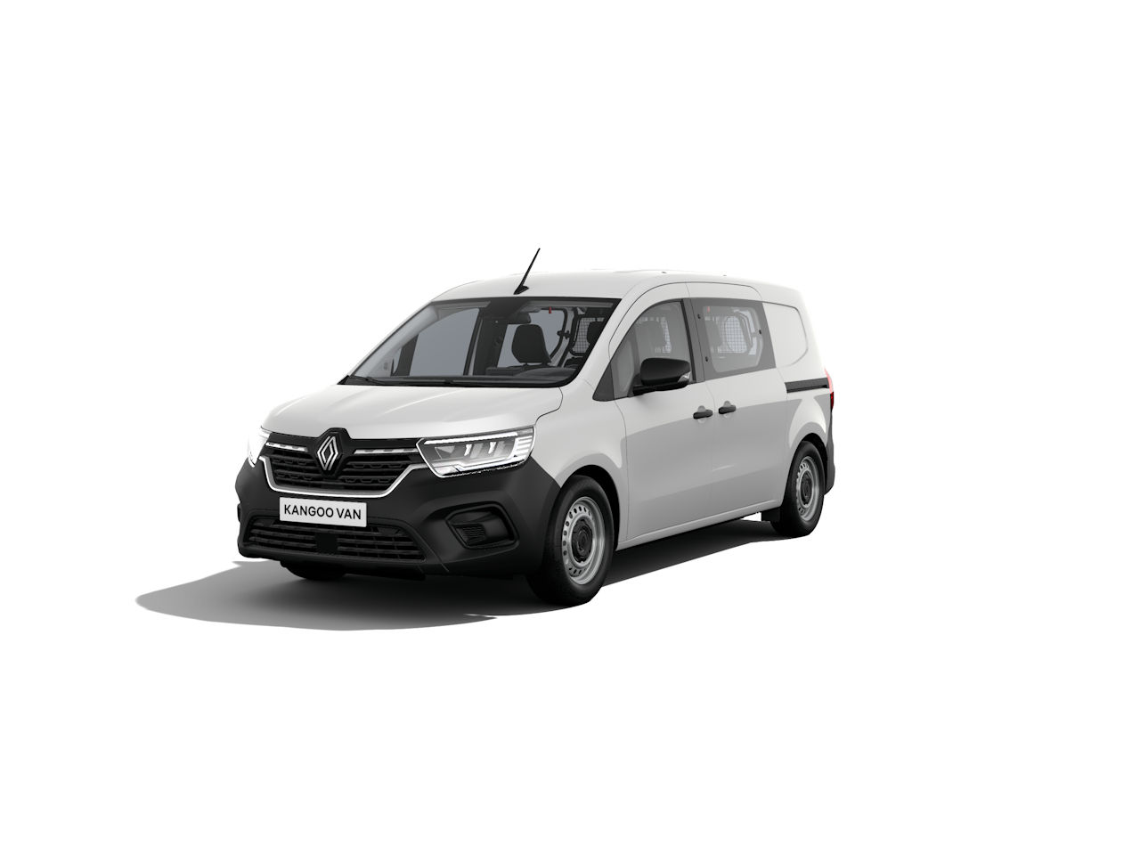 Ein weißer Renault Kangoo Van steht frontal auf einem weißen Hintergrund, ideal für Transport und kommerzielle Nutzung.