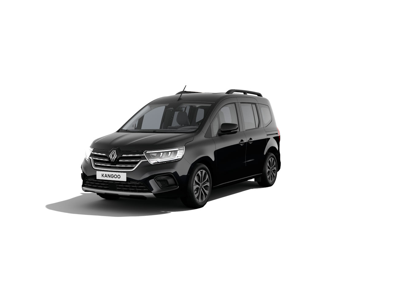 Schwarzer Renault Kangoo, kompakter Van, frontal präsentiert mit Markenlogo, modernes Design, geeignet für Familien und Transport.