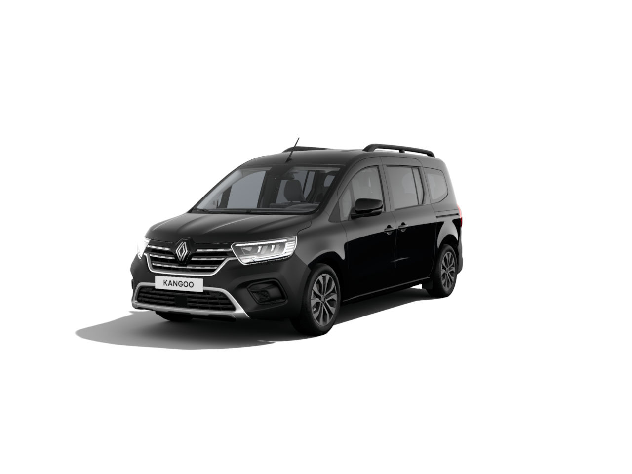 Schwarzer Renault Kangoo, seitlich frontal dargestellt, auf weißem Hintergrund, modern und geräumig.