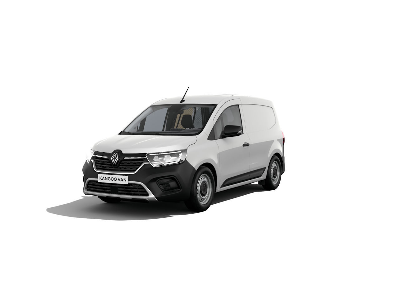 Weißer Renault Kangoo Van, moderne Nutzfahrzeug-Design, seitliche Sicht, geeignet für Transport und Lieferungen.