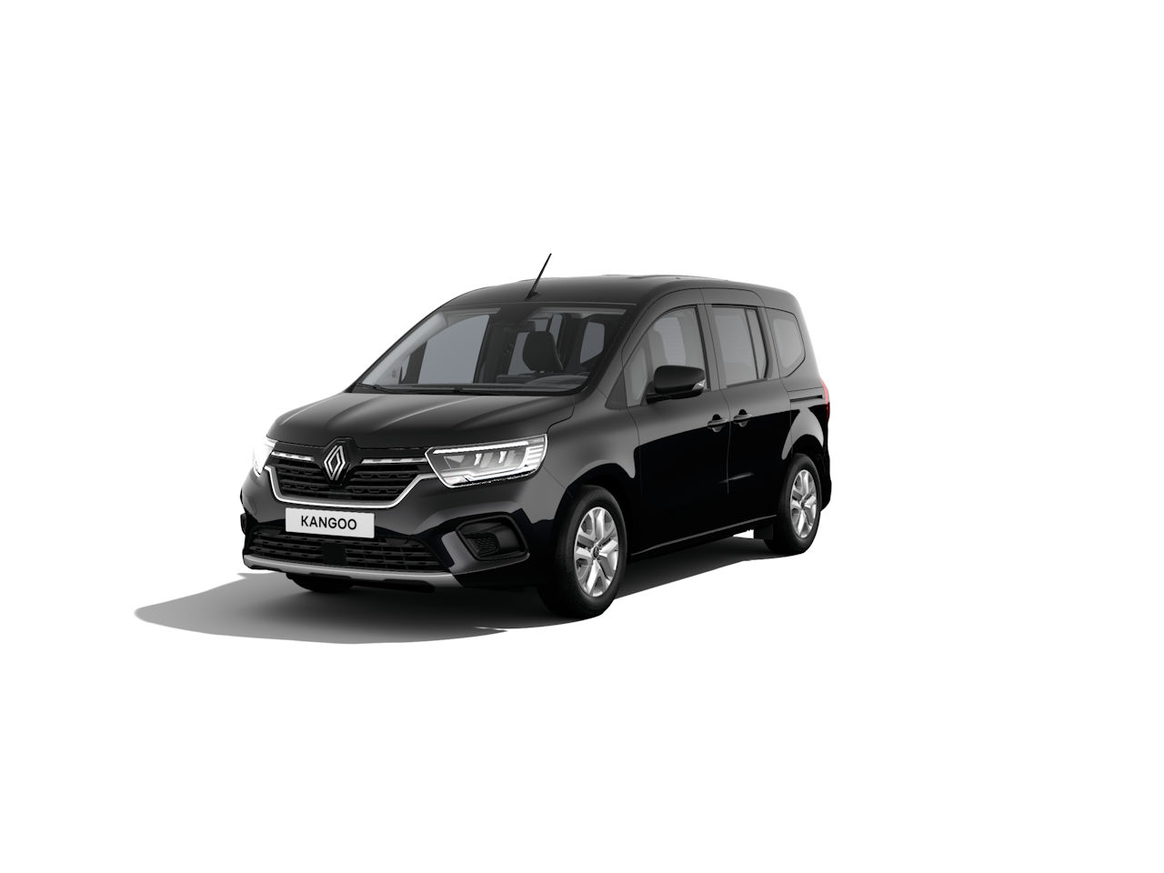 Schwarz lackierter Renault Kangoo, modern und vielseitig, auf weißem Hintergrund.