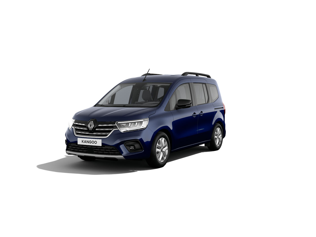 Ein blauer Renault Kangoo im Frontansicht auf weißem Hintergrund, ideal für Familien und Transport.