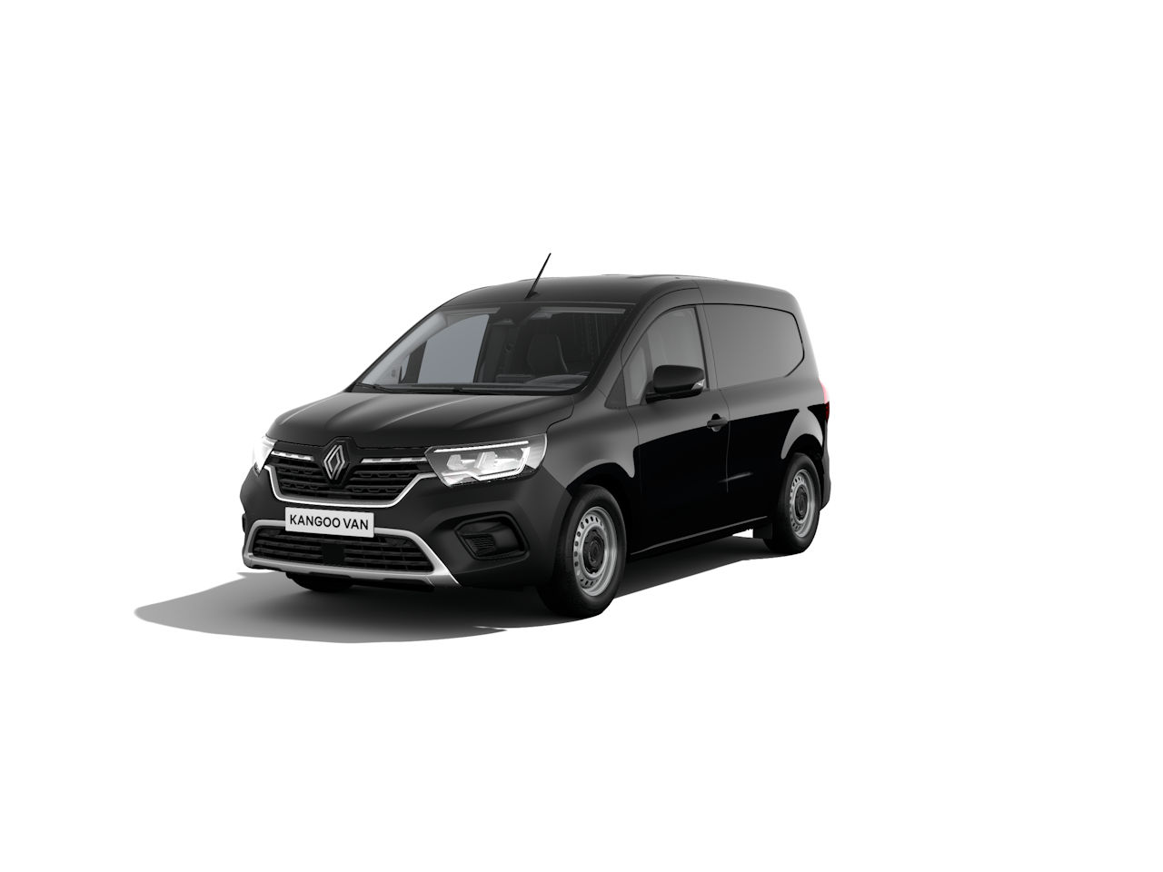 Schwarzer Renault Kangoo Van auf weißem Hintergrund, ideal für Transport und gewerbliche Nutzung.