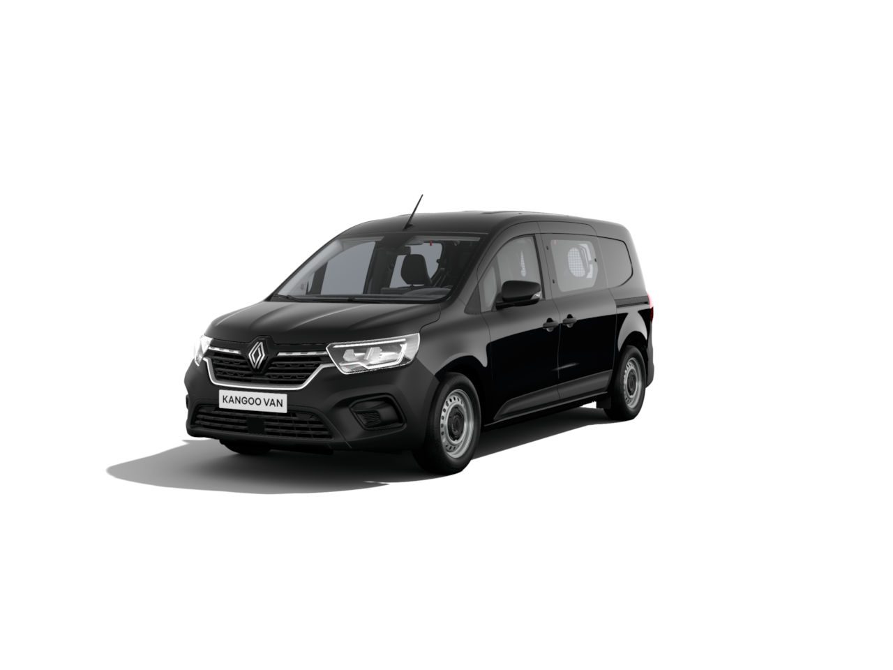 Schwarzer Renault Kangoo Van, frontal sichtbar, auf weißem Hintergrund, ideal für Transport und Lieferung.