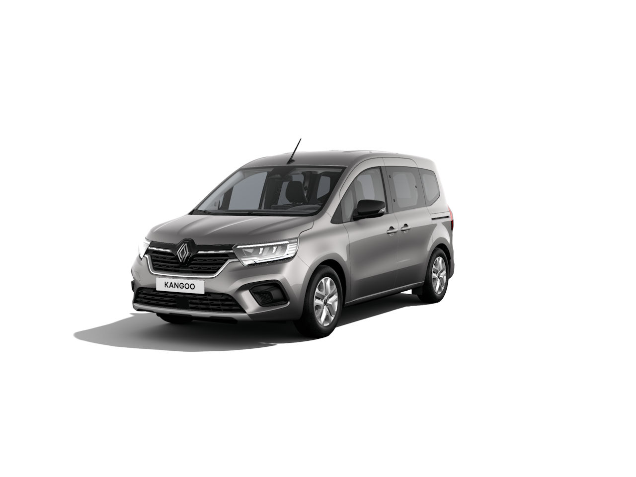 Renault Kangoo in Silberfarbe, Frontansicht mit markantem Design und klaren Linien, isolierter Hintergrund.