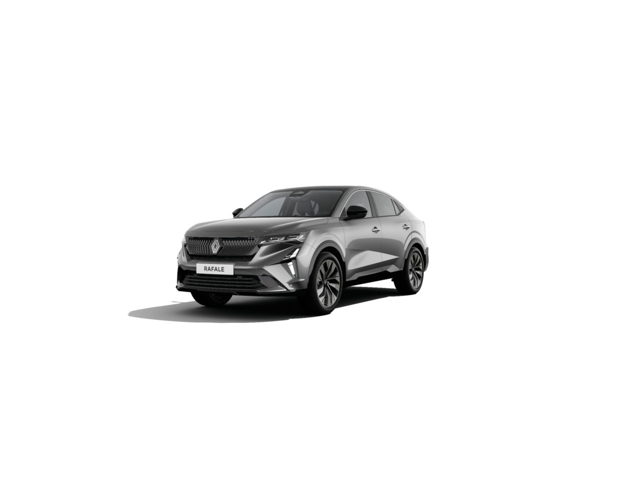 Ein grauer Renault Rafale SUV vor weißem Hintergrund, modern und elegant. Ideal für Stadtfahrten und Reisen.