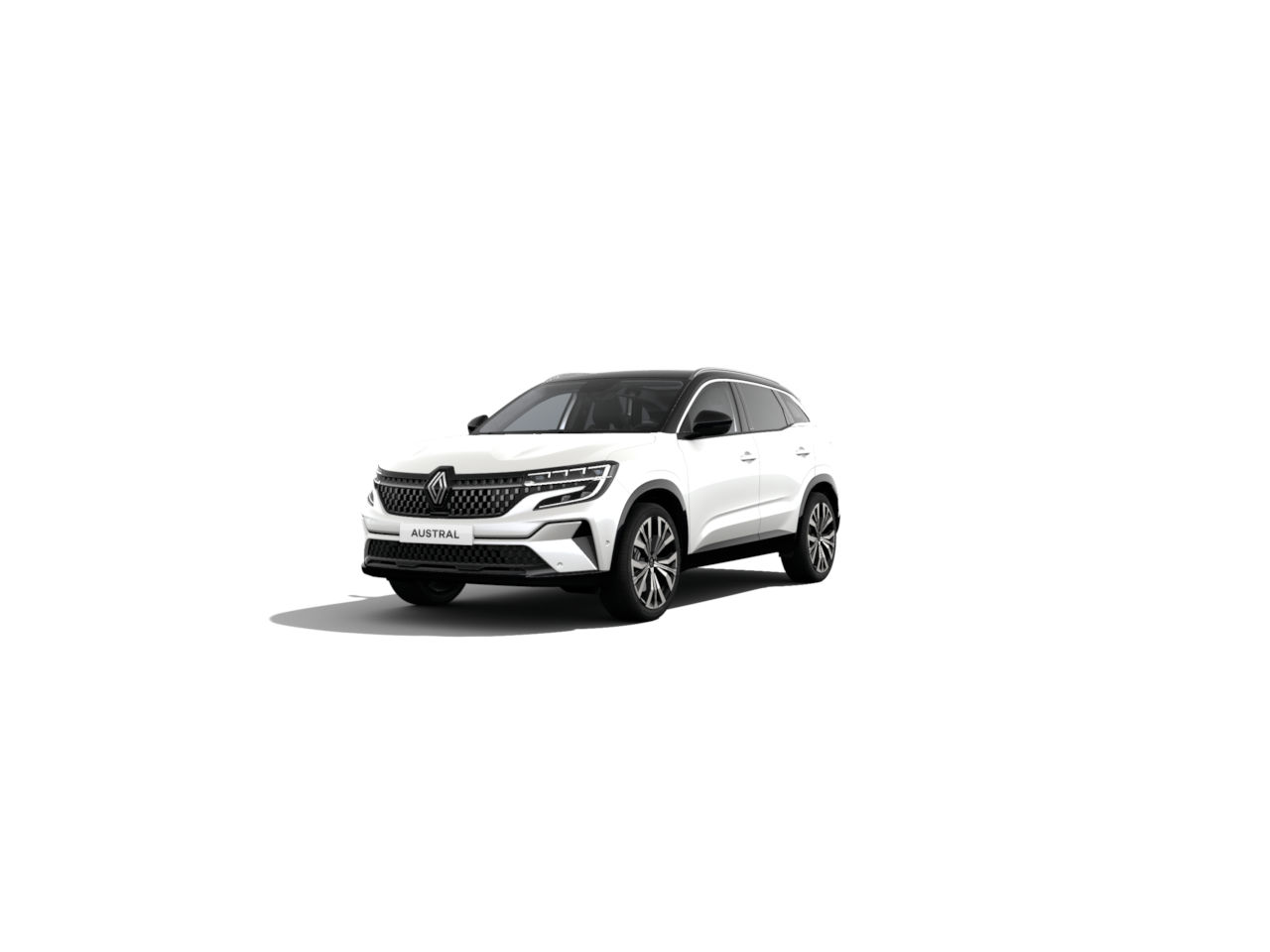 Ein weißer Renault Austral SUV steht auf einem weißen Hintergrund, frontal präsentiert.