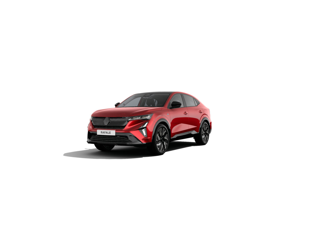 Roter SUV RAFALE auf weißem Hintergrund, moderne Karosserie mit sportlichem Design und schwarzen Felgen.