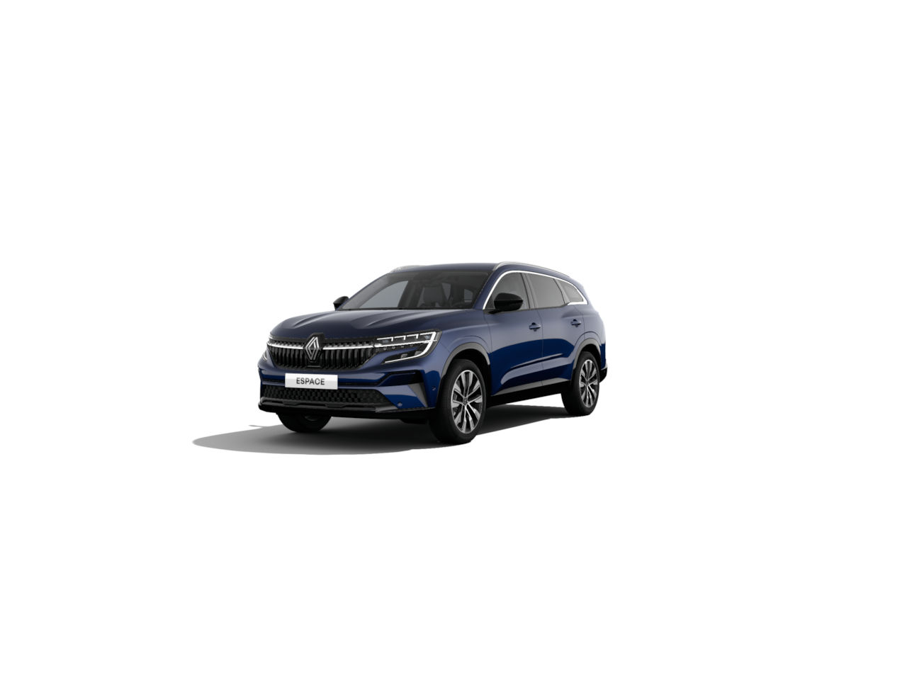 Renault Espace in einem eleganten blauen Farbton, 3/4-Ansicht auf weißem Hintergrund.