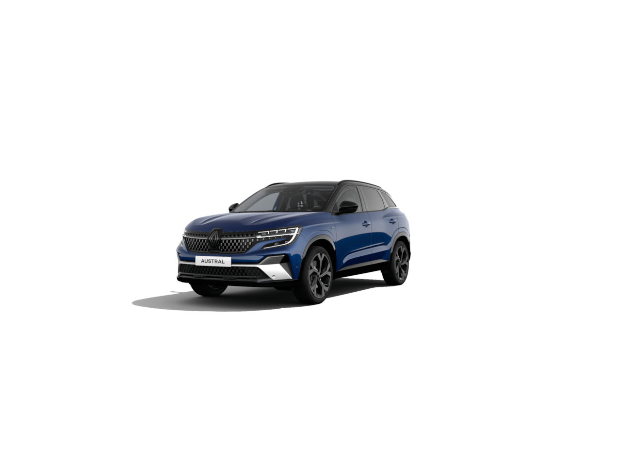 Renault Austral, ein blauer SUV mit sportlichem Design und eleganten Details, vor weißem Hintergrund.