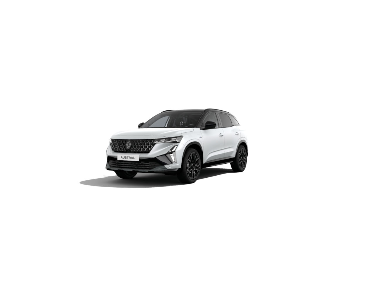 Ein weißer Renault Austral SUV mit schwarzem Dach, sportliche Frontansicht auf weißem Hintergrund.