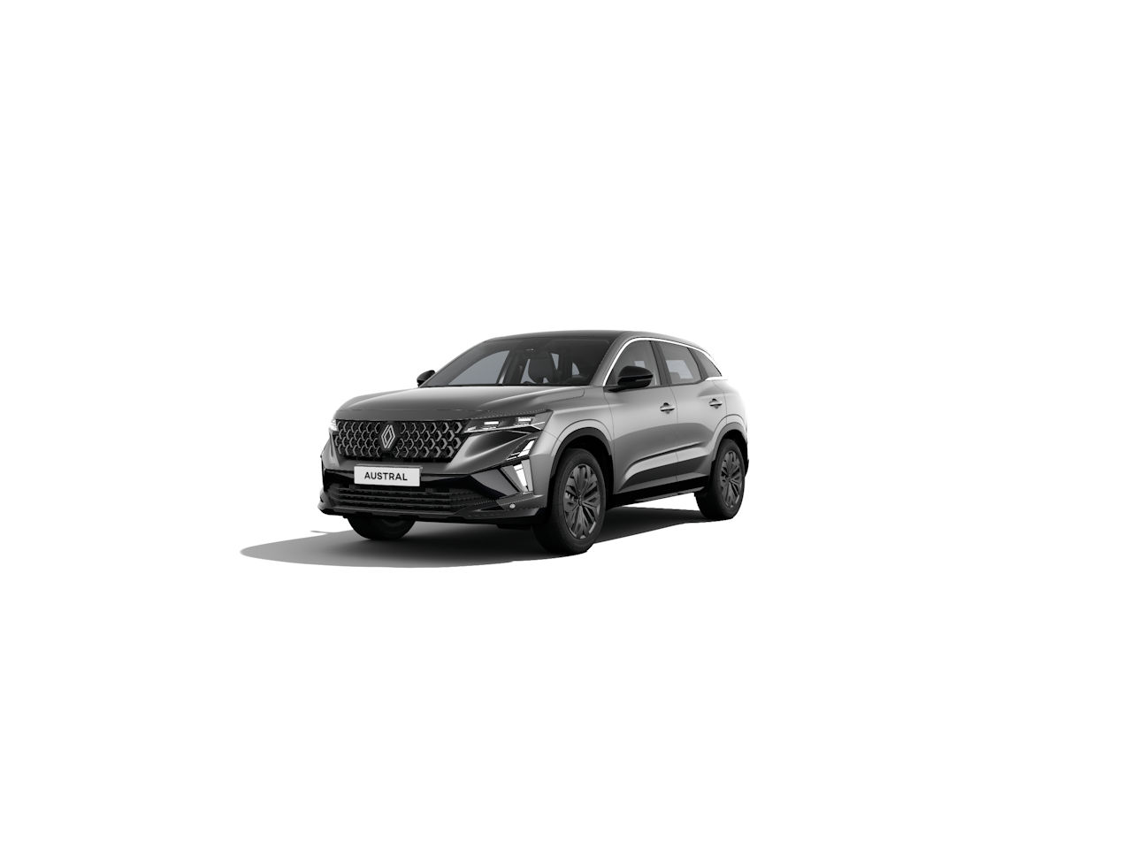 Renault Austral, ein moderner SUV in Grau mit sportlichem Design, vor weißem Hintergrund.