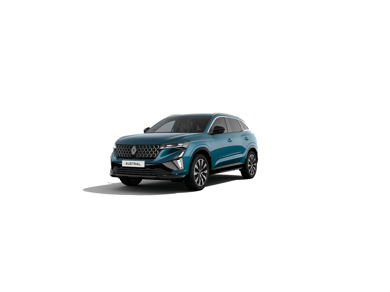 Renault Austral in einer modernen blauen Farbe, präsentiert im Vordergrund auf hellem Hintergrund.