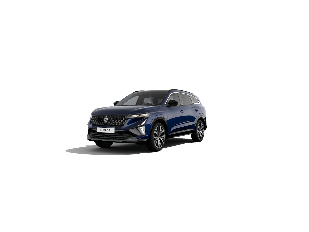 Ein moderner blauer SUV der Marke Renault, Modell Espace, Vorderansicht auf weißem Hintergrund.
