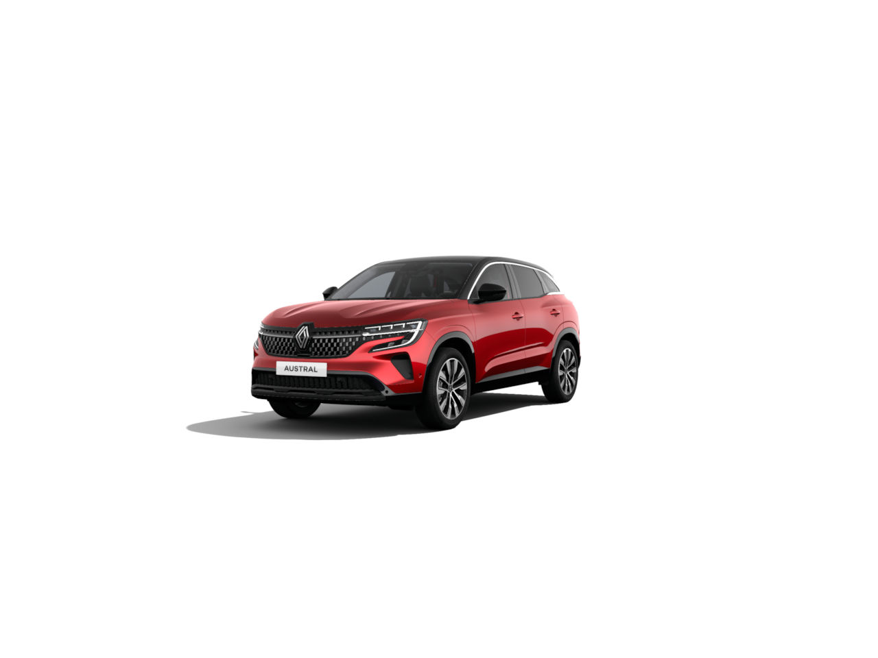 Roter Renault Austral SUV, frontal dargestellt, auf weißem Hintergrund, modern und sportlich gestaltet.