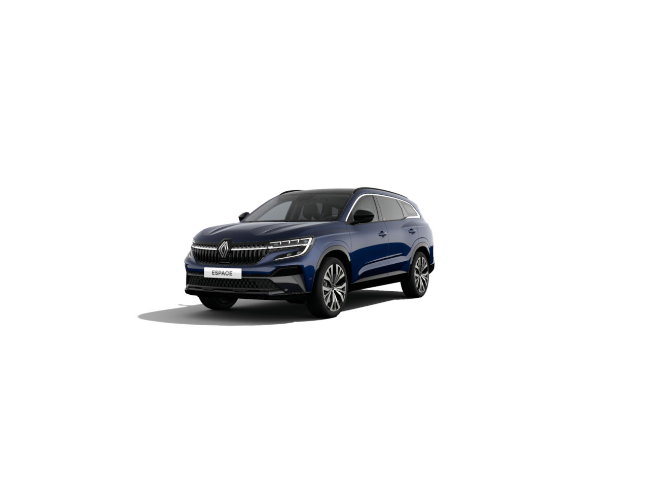 Renault Espace SUV in dunkelblauer Farbe vor weißem Hintergrund, modernes Design und elegante Linien.