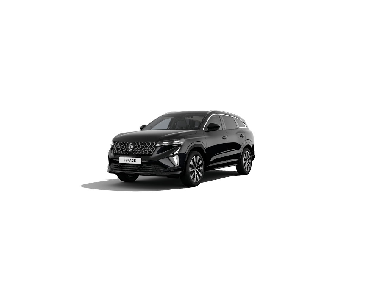Schwarzer SUV Renault Espace mit modernem Design, seitlich zur Kamera positioniert, auf weißem Hintergrund.