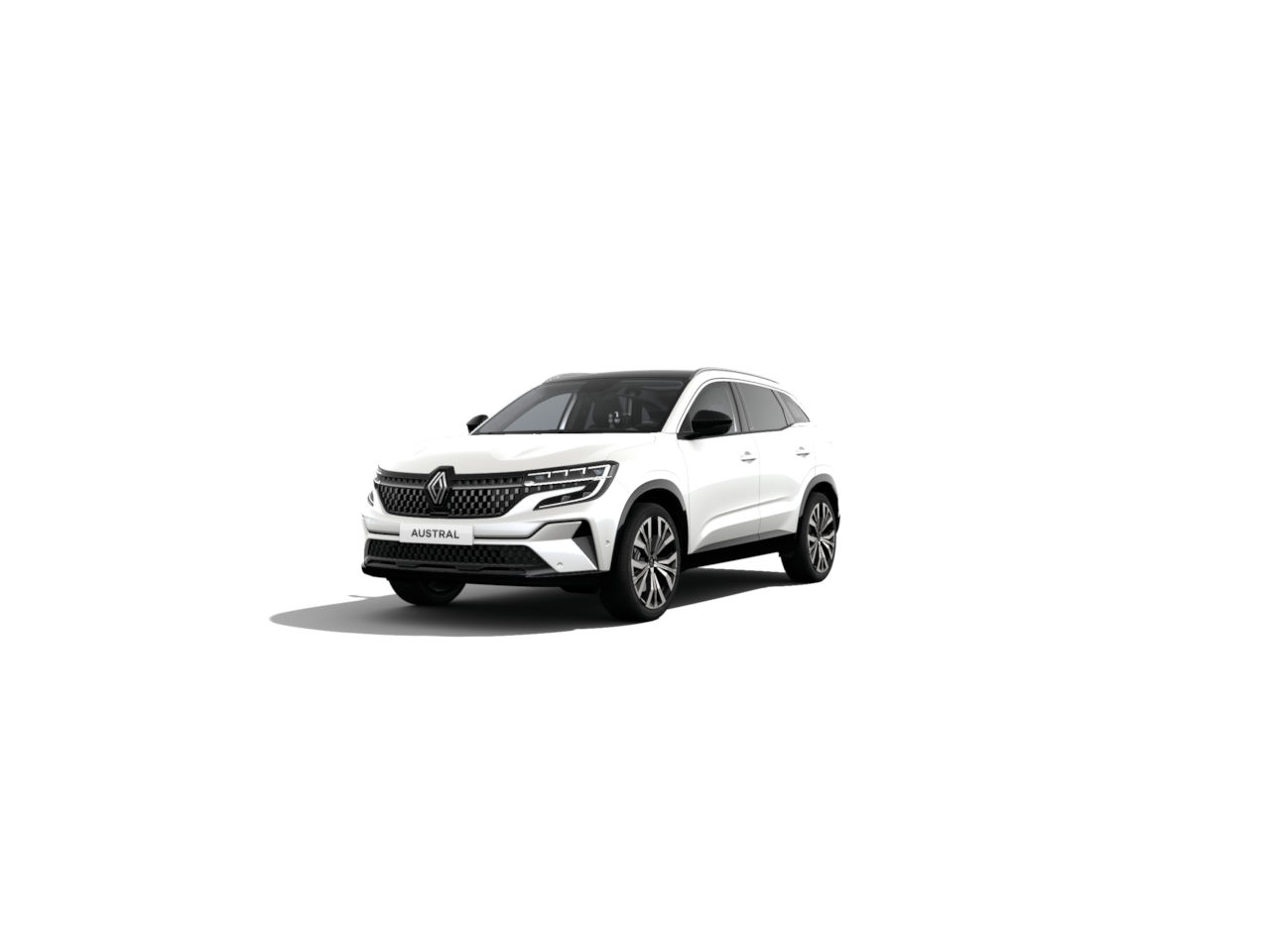 Weißer Renault Austral SUV auf einem weißen Hintergrund, modern und elegant, mit glattem Design und sportlichen Rädern.