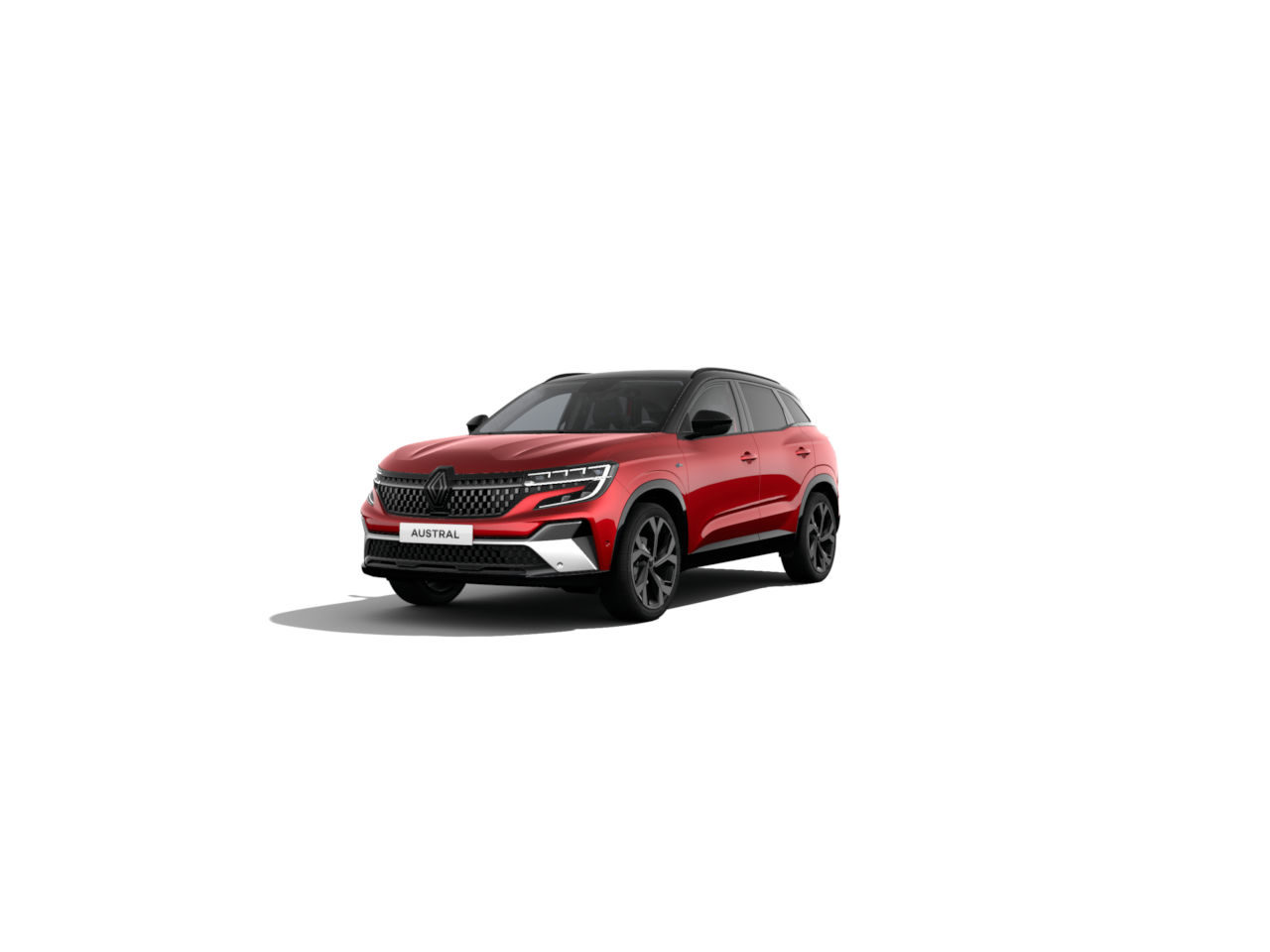 Ein roter Renault Austral SUV auf weißem Hintergrund, sportliches Design und moderne Linien.