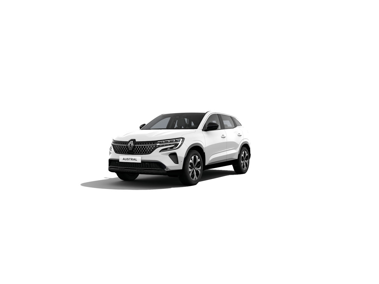 Weißer Renault Austral SUV auf weißem Hintergrund, präsentiert in einem modernen Design.