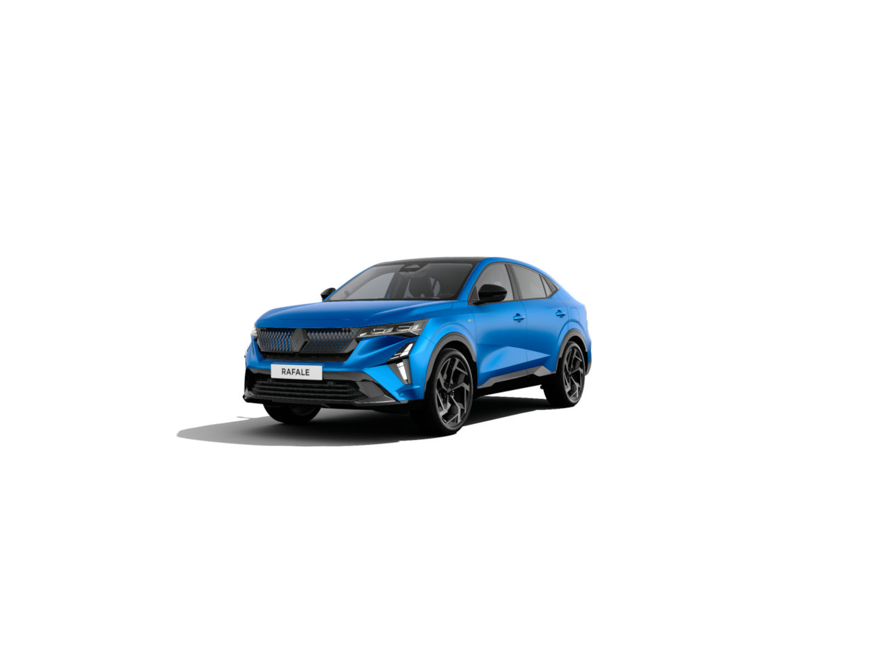 Ein blauer SUV, Modell Rafale, steht vor einem weißen Hintergrund in einem modernen Design.