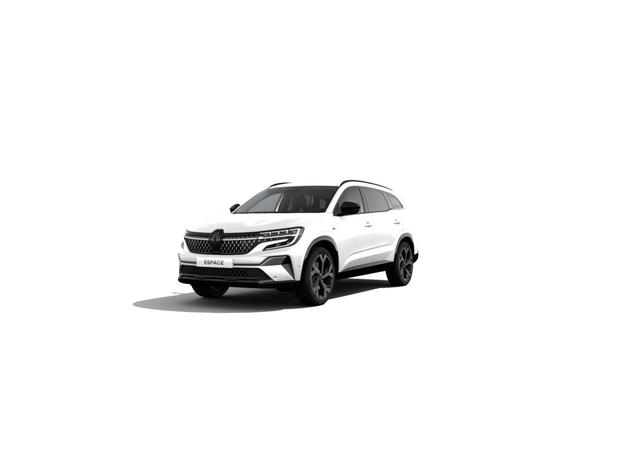 Weißer Renault Espace SUV mit sportlichem Design und schwarzen Felgen auf hellem Hintergrund.