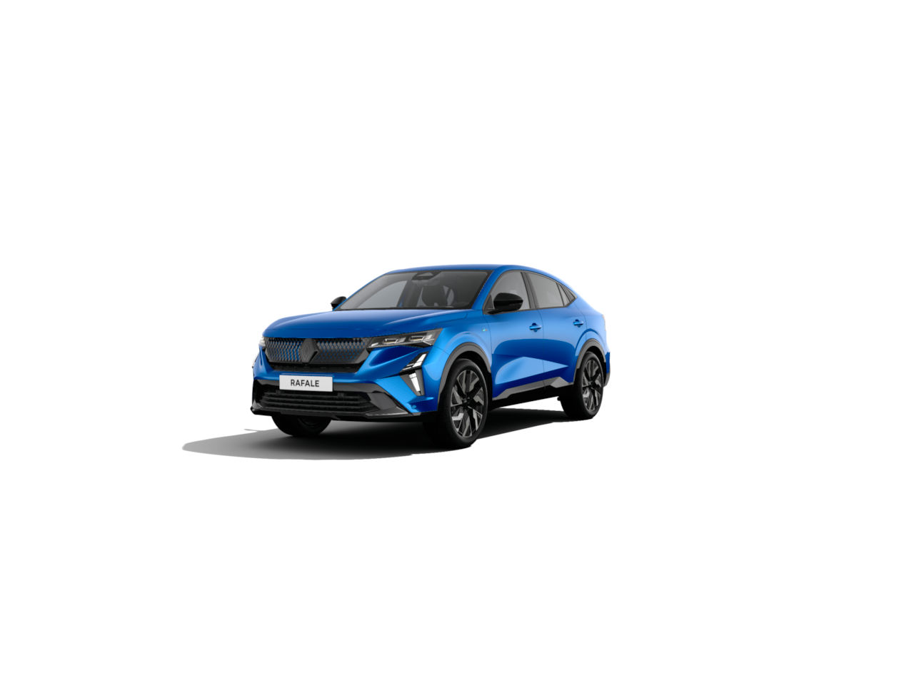 Blauer SUV namens Rafale, frontal aufgenommen, mit sportlichem Design und schwarzen Felgen.
