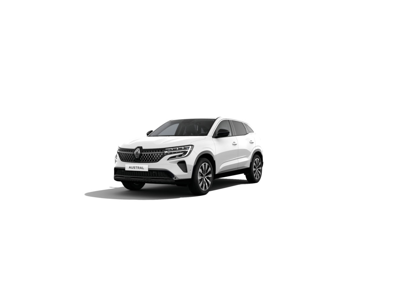 Weißer Renault Austral SUV vor weißem Hintergrund, modernes Design und charakteristische Frontpartie.