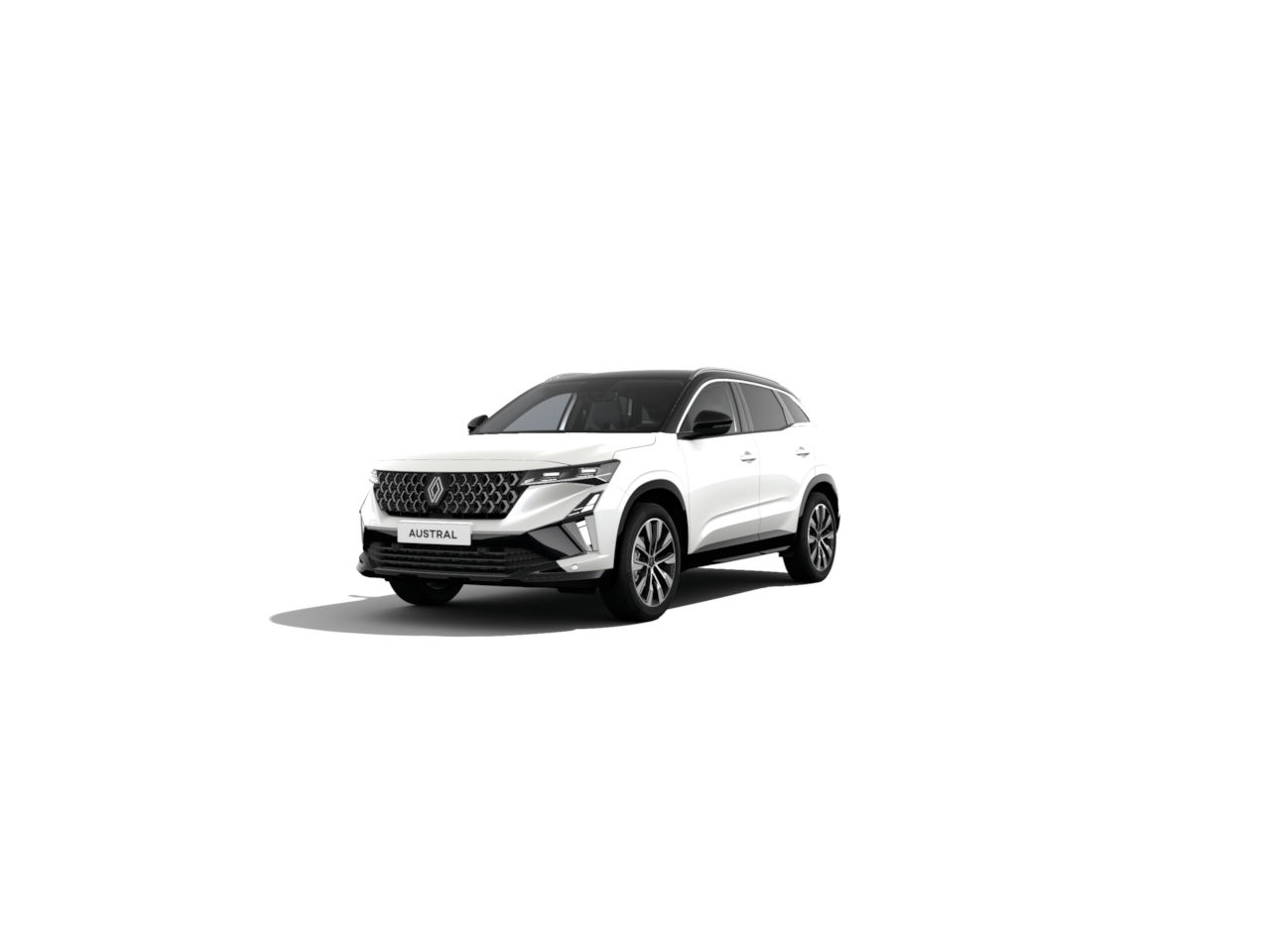 Weißer SUV Renault Austral, modernes Design, frontal abgebildet, auf weißem Hintergrund.
