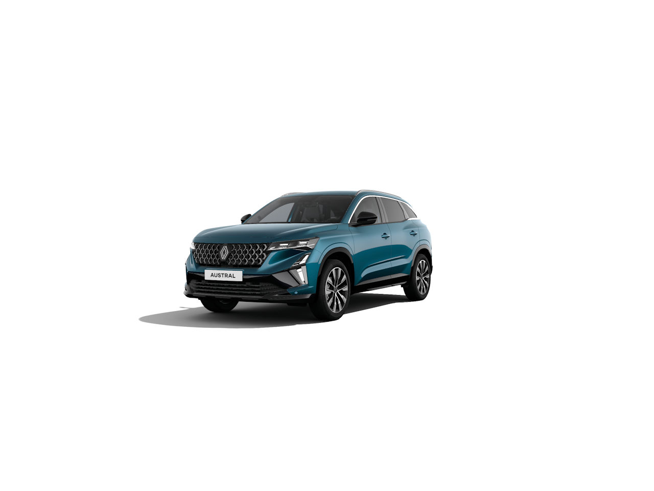 Renault Austral, modernes SUV in blau, präsentiert auf weißem Hintergrund, im Vorderansicht.