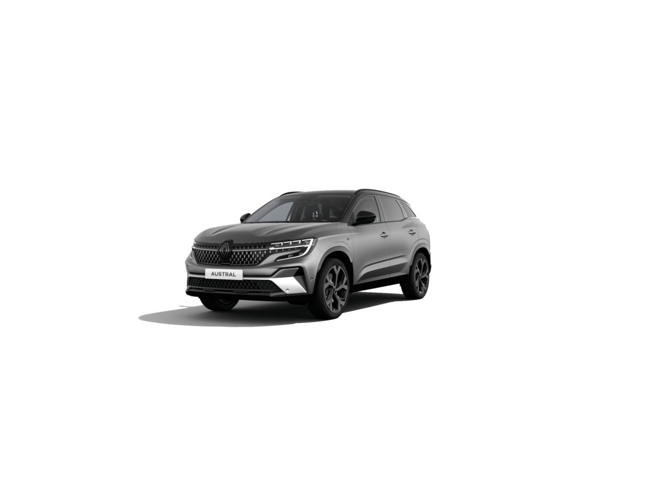 Renault Austral SUV, modernes Design in Grau mit schwarzen Felgen, frontal betrachtet auf weißem Hintergrund.