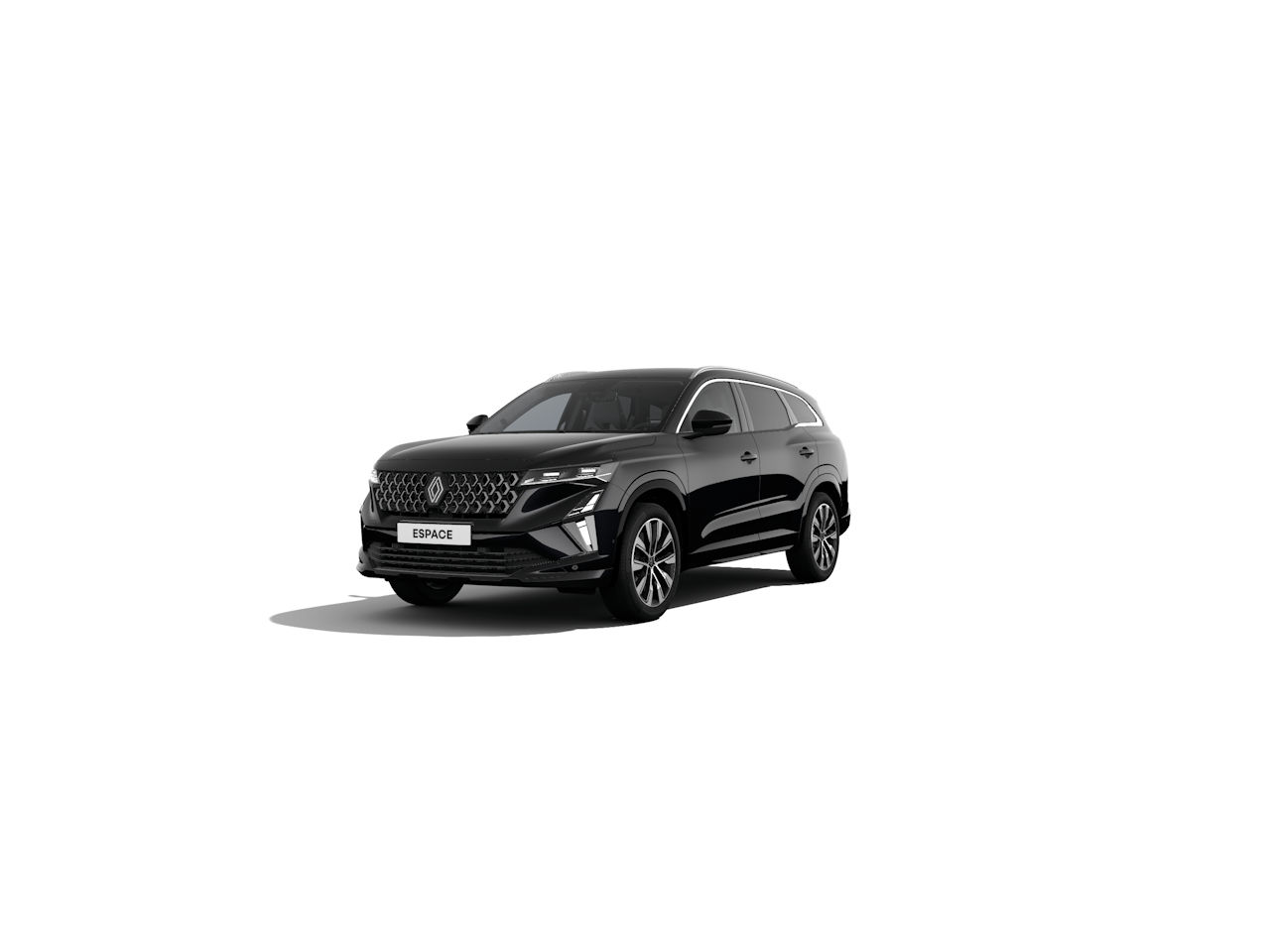 Ein schwarz lackierter SUV, Modell Espace, auf weißem Hintergrund. Stilvolles Design und markante Frontpartie.