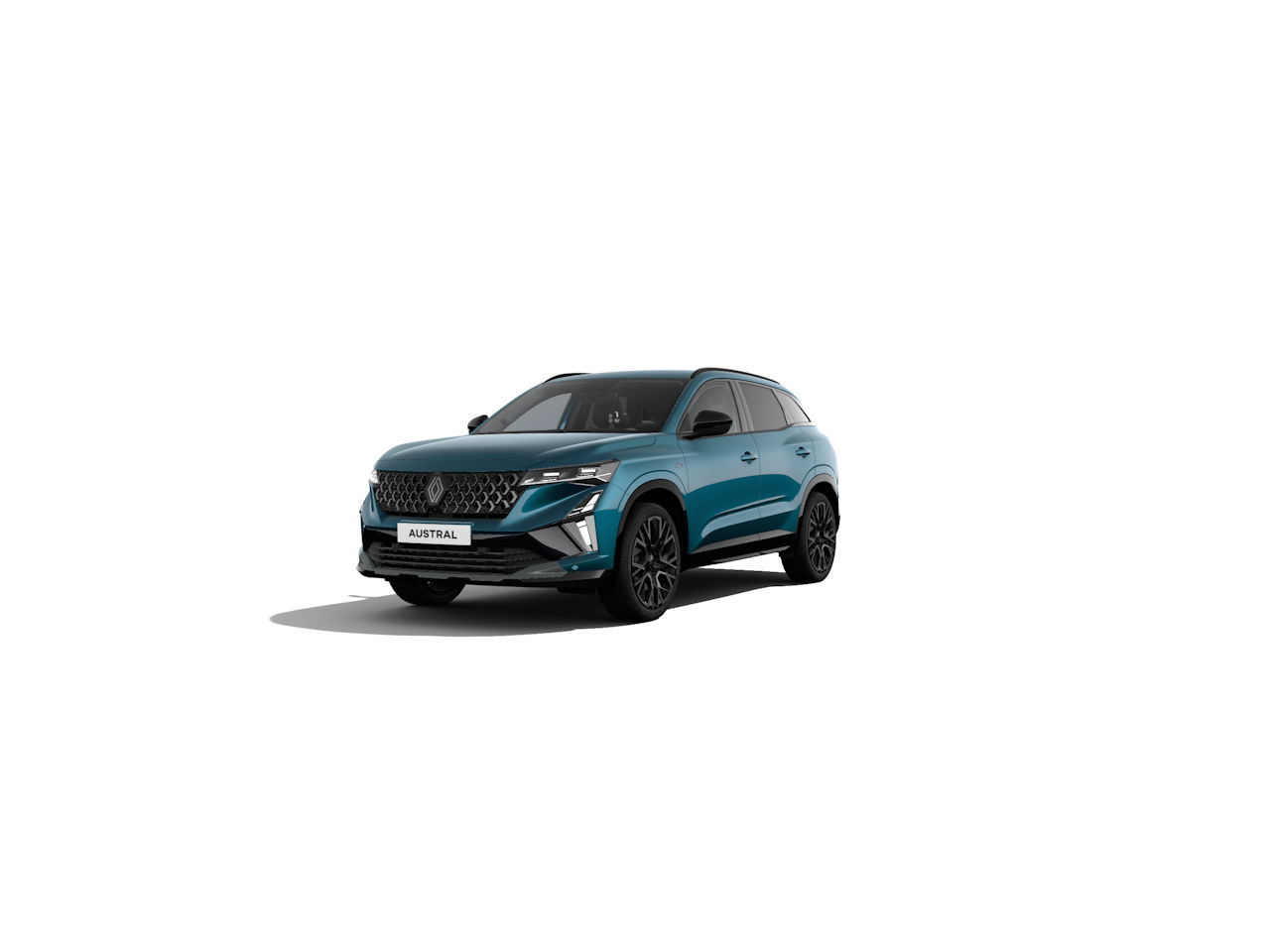 Renault Austral SUV in Türkisblau, seitliche Ansicht, moderne Form und schwarze Felgen.