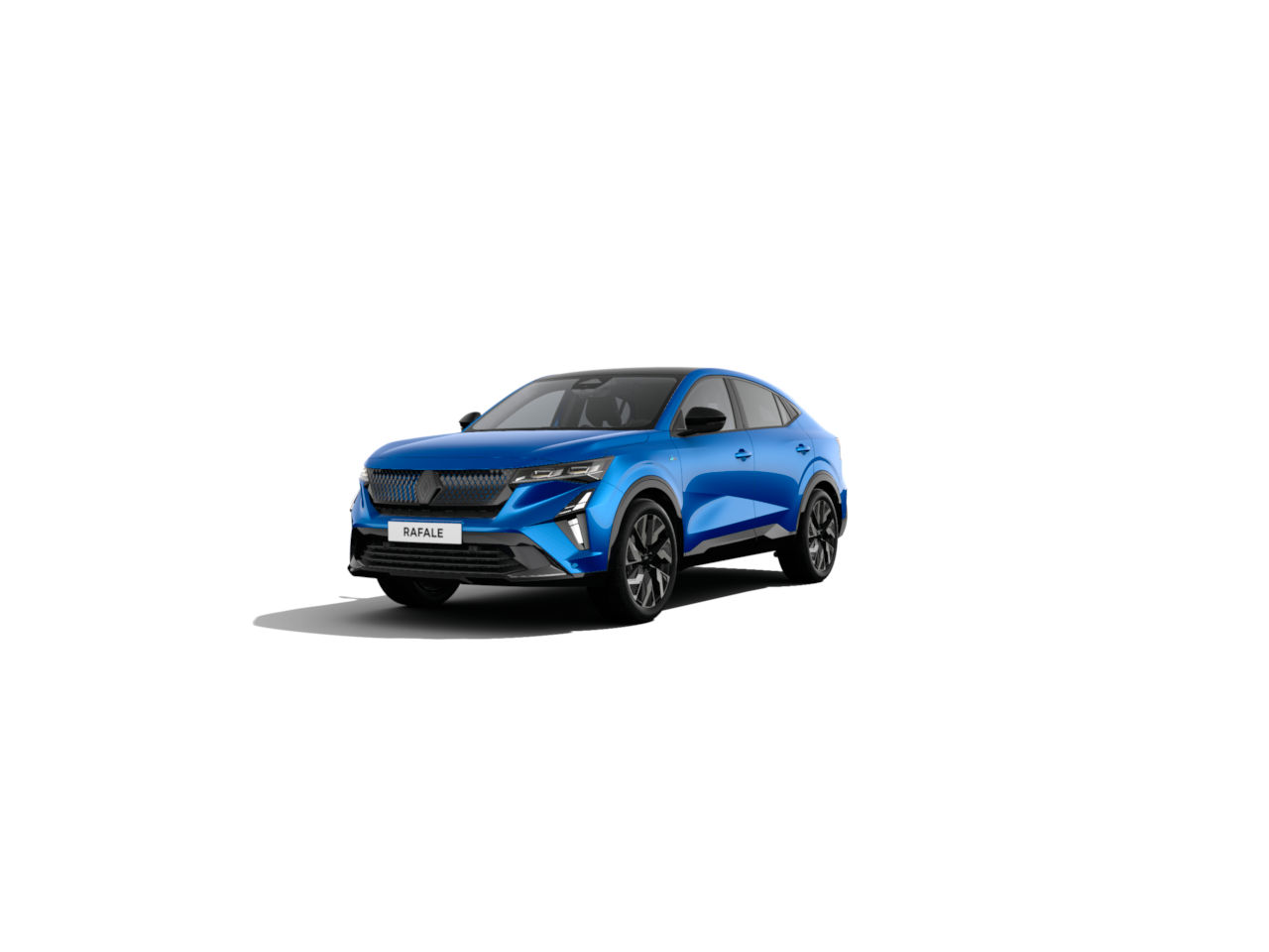 Blauer SUV, Modell Rafale, mit sportlichem Design und schwarzen Felgen, vor weißem Hintergrund.