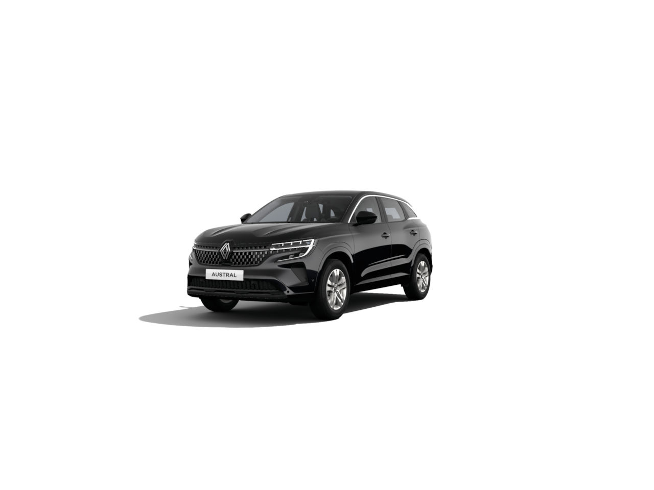 Schwarzer Renault Austral SUV, Vorderansicht auf weißem Hintergrund, moderne und dynamische Fahrzeugdesign.